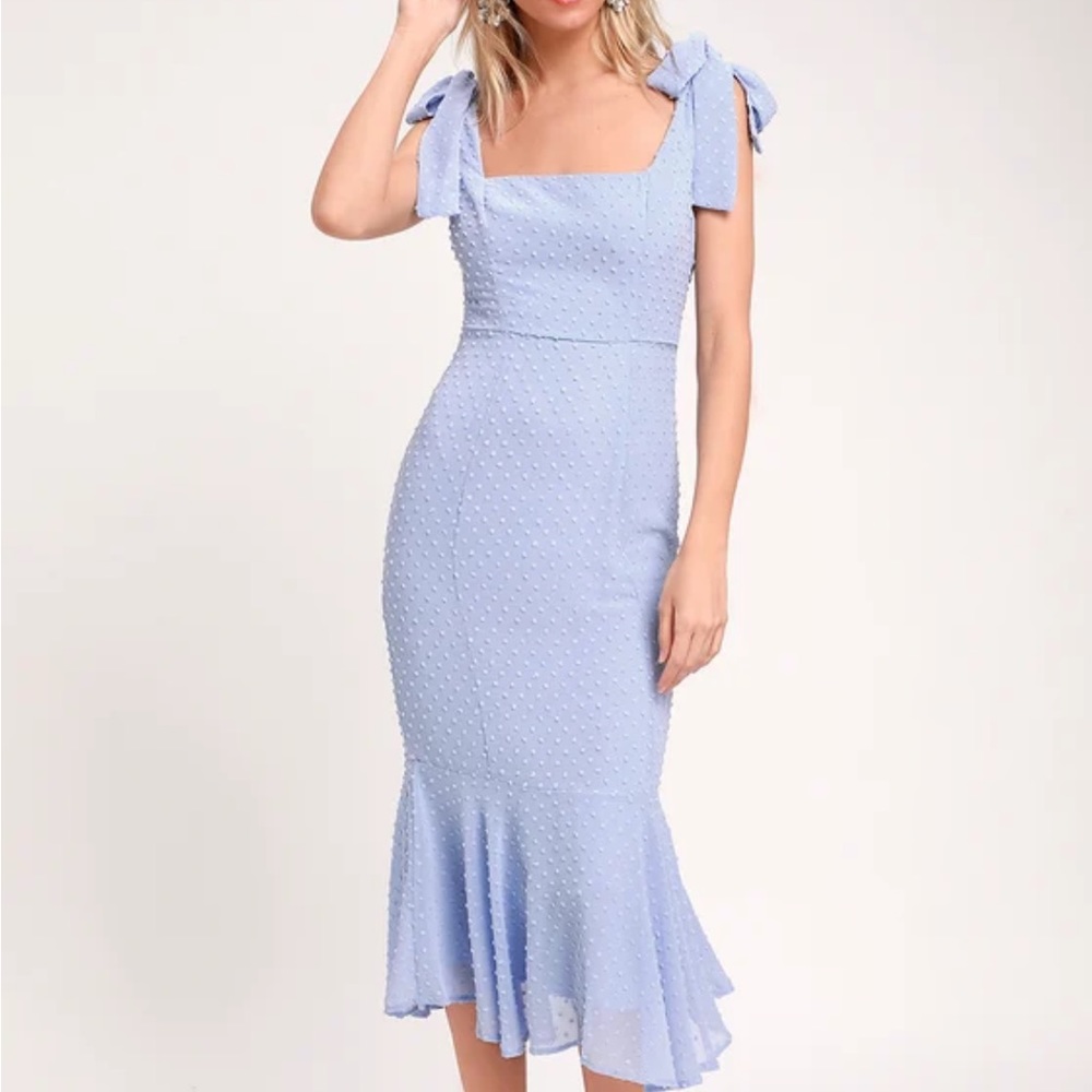 Bimini Periwinkle Blue Swiss Dot Tie-Strap Midi Dress